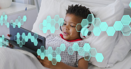 Image of medical data processing over biracial boy patient in bed. Global medicine, healthcare,...