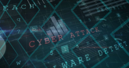 Image of cyber attack warning text with data processing on green background. digital interface,...