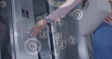 Image of financial data processing over biracial businesswoman by elevator. Global business,...