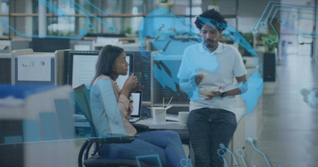 Image of globe and financial data processing over diverse business people in office. Global...
