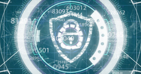 Image of scope scanning and numbers changing on green background. digital interface, connection and...