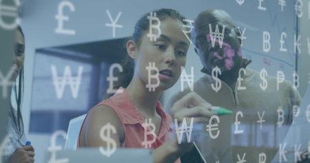 Image of financial data processing and currency symbols over diverse business people. Global business, finances, computing and data processing concept digitally generated image.の写真素材