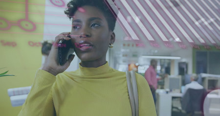 Image of financial data processing over biracial businesswoman using smartphone. Global business,...
