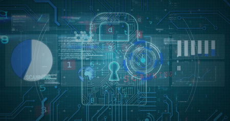 Image of online security padlock, scope scanning and data processing on blue background. digital...