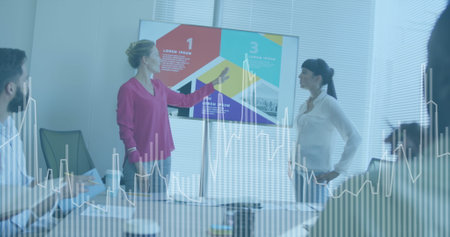 Image of financial data processing over diverse business people in office. Global business,...