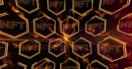 Image of nft in hexagons over black background with yellow lights. digital resources and technology...
