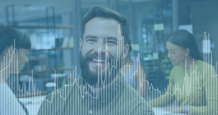 Image of financial data processing over diverse business people in office. Global business, finances, computing and data processing concept digitally generated image.の写真素材