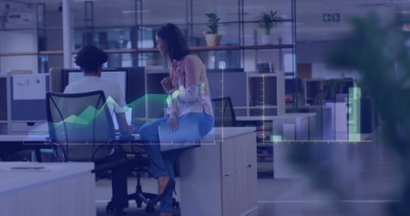 Image of financial data processing over diverse business people in office. Global business,...