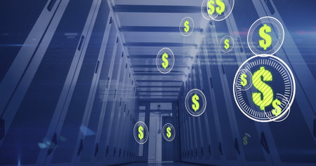 Image of dollars in circles floating over servers. digital money, crypto currency and technology...