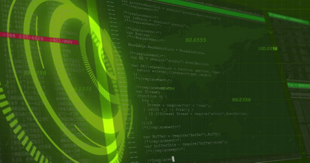 Image of processing circle over data processing on green background. data processing and technology...