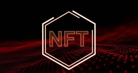 Image of nft in hexagon over black background with red glitter. digital resources and technology concept digitally generated image.の写真素材