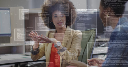 Image of financial data processing over diverse business people in office. Global business,...