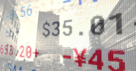 Image of data processing over cityscape. Global business and digital interface concept digitally generated image.の写真素材