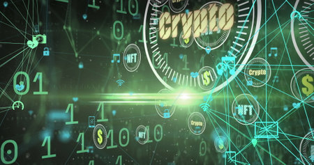 Binary coding and crypto concept icons floating against network of digital icons on green...