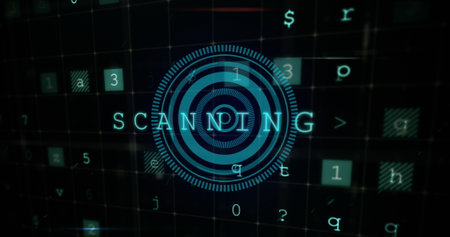 Cyber security data processing over blue round scanner on black background. business and cyber...
