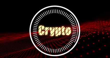 Image of crypto in circle over red glitter on black background. digital money, crypto currency and technology concept digitally generated image.の写真素材
