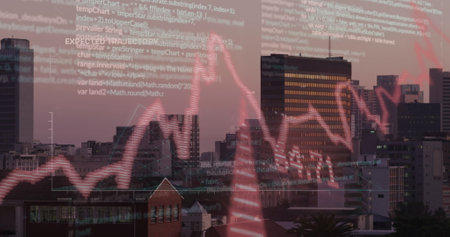 Image of financial data processing with graph and arrows over cityscape. Global business, finances...