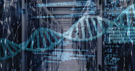 Image of medical data processing over server room. Global medicine, technology, data processing and digital interface concept digitally generated image.の写真素材