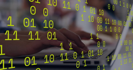 Binary coding data processing against close up of person hands using a laptop. computer interface...