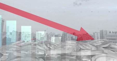 Image of data processing and coins over cityscape. Global business and digital interface concept digitally generated image.の写真素材