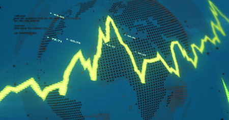 Image of financial data processing with graph and globe on blue background. Global business,...