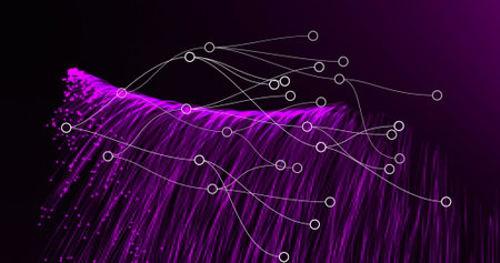 Network of connections over purple light trails falling against black background. global networking...