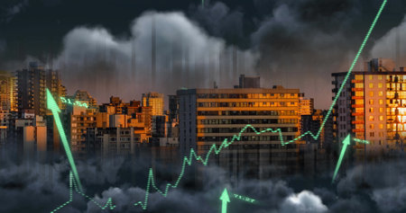 Image of financial data processing with graph and arrows over cityscape. Global business, finances and digital interface concept digitally generated image.の写真素材