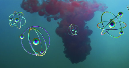 Image of molecules over red liquid on blue background. Science and background design concept digitally generated image.の写真素材