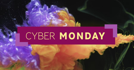 Image of cyber monday text over orange and blue liquid on black background. Shopping, communication and background design concept digitally generated image.の写真素材