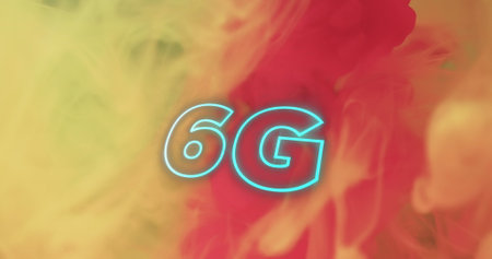 Image of 6g text over orange liquid background. Technology, communication and background design concept digitally generated image.の写真素材