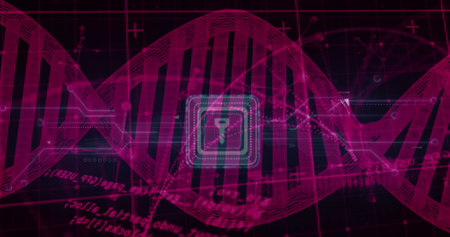 Image of medical data processing over dark background. Global medicine, technology, data processing...