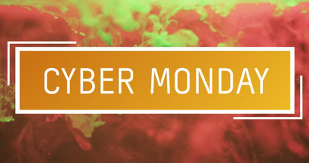 Image of cyber monday text over orange liquid background. Shopping, communication and background design concept digitally generated image.の写真素材