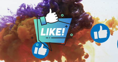 Image of like text with icons over colourful liquid on white background. Social media, communication and background design concept digitally generated image.の写真素材