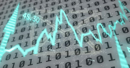 Image of financial data processing with graph and envelope icon on white background. Global business, finances and digital interface concept digitally generated image.の写真素材