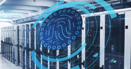 Image of fingerprint in circle over servers and data processing. Network, data safety, digital...