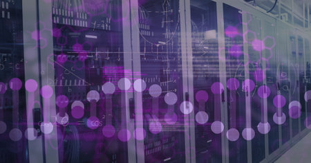 Image of medical data processing over server room. Global medicine, technology, data processing and...