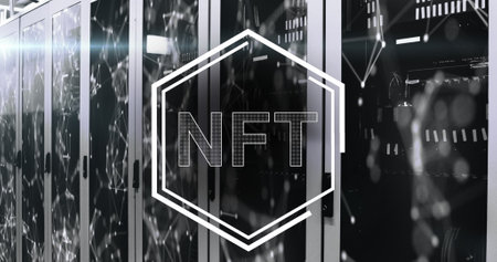 Image of nft in hexagon over servers. digital resources and technology concept digitally generated image.の写真素材