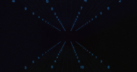 A digital grid with numbers creates a 3D perspective effect. It symbolizes data analysis, virtual...