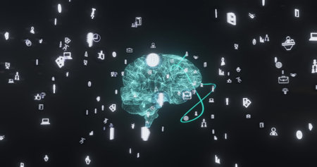 Image of glowing blue human brain and connections on black background. Global connections, computing and data processing concept digitally generated image.の写真素材