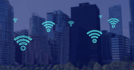 Image of digital wifi icons flying over cityscape. Global internet networks, computing, connections and data processing concept digitally generated image.の写真素材