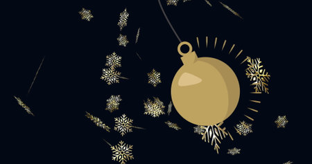 Image of christmas bauble dangling with snowflakes falling on black background. Christmas, festivity, tradition and celebration concept digitally generated image.の写真素材