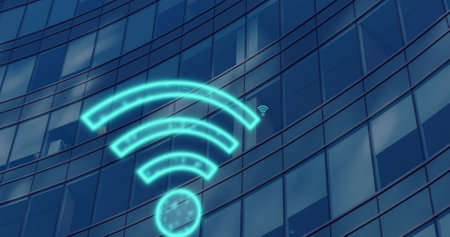Image of digital wifi icons flying over modern building. Global internet networks, computing,...