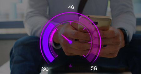 Image of purple speedometer over hands of caucasian businessman using smartphone. Internet speed,...