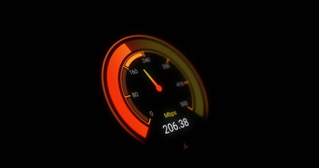Image of orange speedometer over black background. Internet speed, transfer, communication and technology concept digitally generated image.の写真素材