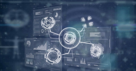 Image of icons, diverse data and glitch over digital screens. Network, data processing, digital interface and technology concept digitally generated image.の写真素材