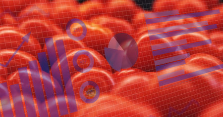 Image of statistics and data processing over tomatoes in food shop. Business, retail, communication,...
