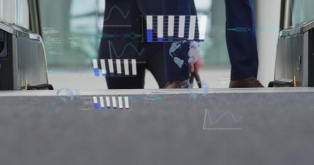 Image of statistics and data processing over diverse business people in office. Global business,...