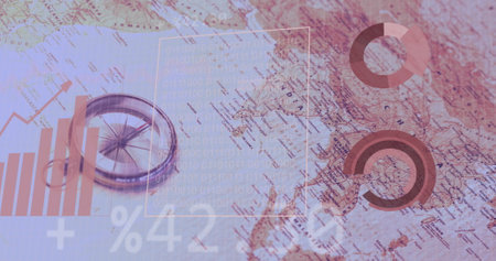 Image of statistics and data processing over map of asia. Global business, communication, digital interface, finance and data processing concept digitally generated image.の写真素材
