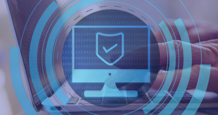 Image of screen with digital padlock in circles over hands of senior caucasian man with laptop....