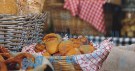Image of statistics and data processing over bread in baskets in food shop. Business, retail,...